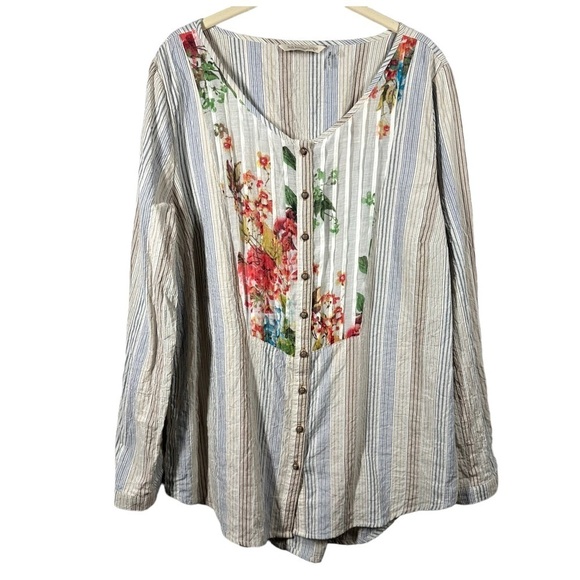 Soft Surroundings Blouse Top Women's Medium M Stripe Floral‎ Long Sleeve Pintuck - Picture 1 of 8